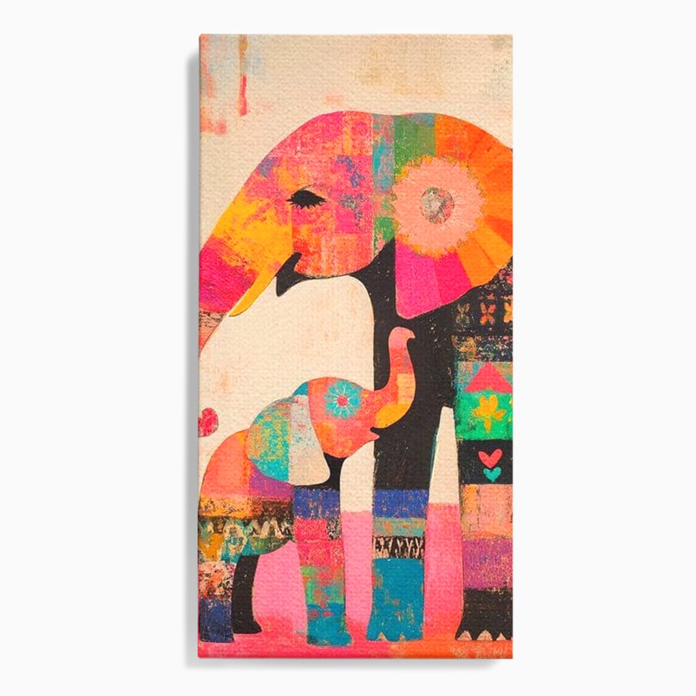 Tablou canvas cu tablou pictura cu elefanti colorati, fara rama, pe sasiu de lemn